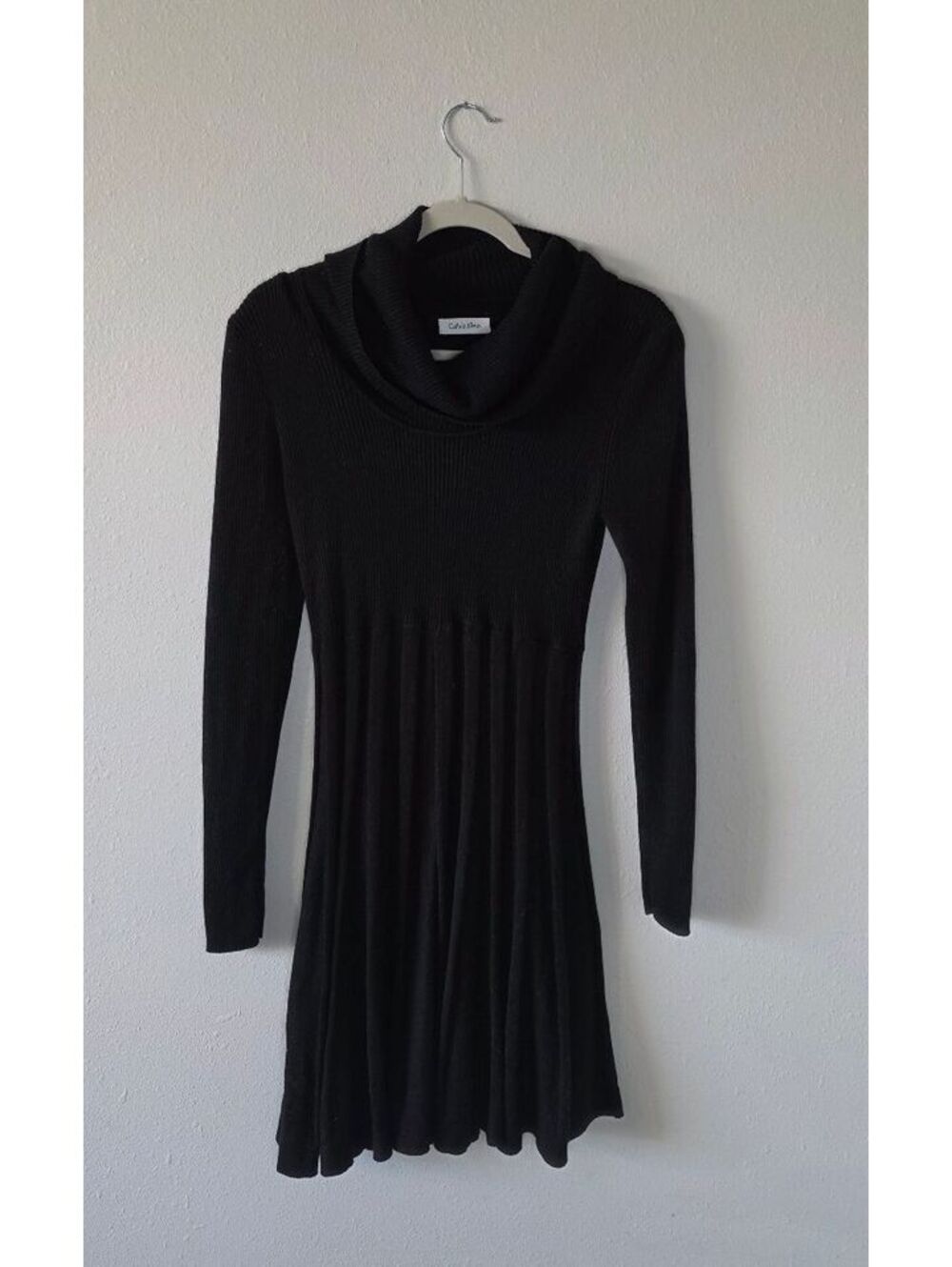 Calvin Klein Black Ribbed Knit Cowl Neck Fit & Flare Sweater Dress